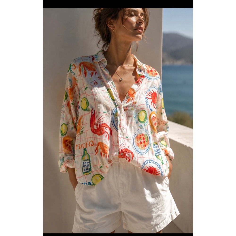 Calypso St Barth Linen Blend Seafood Lobster Print Button Down Shirt Medium